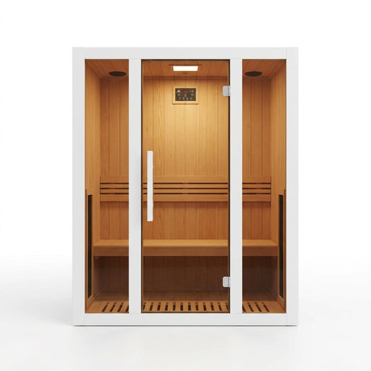 2 Person Extendable FAR Infrared Sauna for Home, Hemlock Wood Low EMF 6 Carbon Heaters Indoor Saunas with LED Lights, Bluetooth Speaker, Digital Control Panel, and Seating Bench — Studio Shot