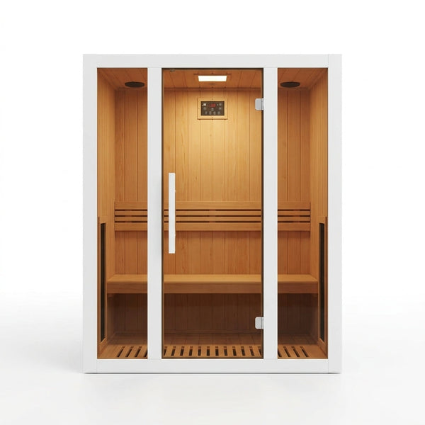 2 Person Extendable FAR Infrared Sauna for Home, Hemlock Wood Low EMF 6 Carbon Heaters Indoor Saunas with LED Lights, Bluetooth Speaker, Digital Control Panel, and Seating Bench — Studio Shot