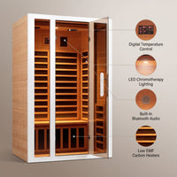 2 Person Extendable FAR Infrared Sauna for Home, Hemlock Wood Low EMF 6 Carbon Heaters Indoor Saunas with LED Lights, Bluetooth Speaker, Digital Control Panel, and Seating Bench — infographic