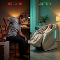 4D Massage Chair Full Body Zero Gravity Heated Recliner with Body Scan, 55" Sl-Track & Stretch, 40 Airbags - Shiatsu, Knead, Foot Rollers, Voice & APP Control, 15 Auto Modes & 9 Techniques (Beige) — Before & After