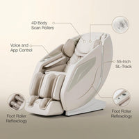 4D Massage Chair Full Body Zero Gravity Heated Recliner with Body Scan, 55" Sl-Track & Stretch, 40 Airbags - Shiatsu, Knead, Foot Rollers, Voice & APP Control, 15 Auto Modes & 9 Techniques (Beige) — infographic