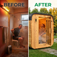 Lennon 6-Person Outdoor Cedar Traditional Wet/Dry Cube Sauna with 9Kw Electric Heater, Wi-Fi Control, LED Lights — Before & After