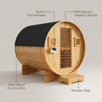 Outdoor Traditional Sauna, 4-6 Person Wooden Sauna, Steam Wet Wood Sauna with 220V with 6KW Heater, Sauna Stone, Thermometer — infographic