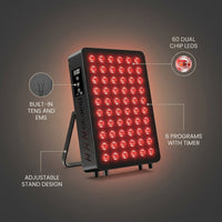 Red Light Therapy Panel, 660Nm Red & 850Nm near Infrared Light Therapy Device with TENS & EMS Functions, 60 Dual Chip Leds, 6 Programs, Timer, Stand, High Power LED Light Therapy Lamp for Face Body — infographic