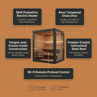 Traditional Wet Dry Sauna Built for Consistent Heat, Cedar Interior, 9kW Heater, WiFi Control, LED Lighting — Results & Stats