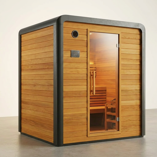Traditional Wet Dry Sauna Built for Consistent Heat, Cedar Interior, 9kW Heater, WiFi Control, LED Lighting — Studio Shot