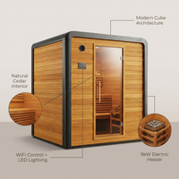 Traditional Wet Dry Sauna Built for Consistent Heat, Cedar Interior, 9kW Heater, WiFi Control, LED Lighting — infographic