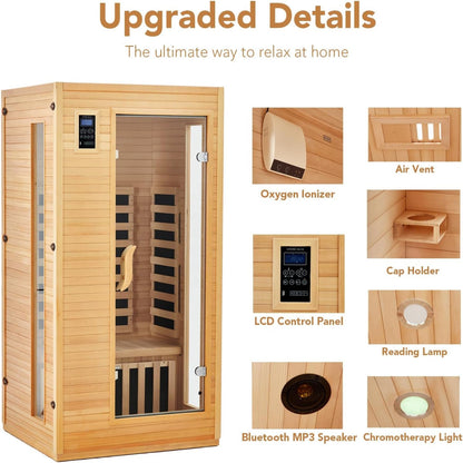 2024 Upgrade 1 to 2 Person Infrared Sauna, Low EMF Infrared Sauna for Home, Indoor Sauna Room, Hemlock Wooden Far Infrared Sauna, Dry Sauna with Bluetooth Speakers, LED Reading and Chromotherapy Lamp